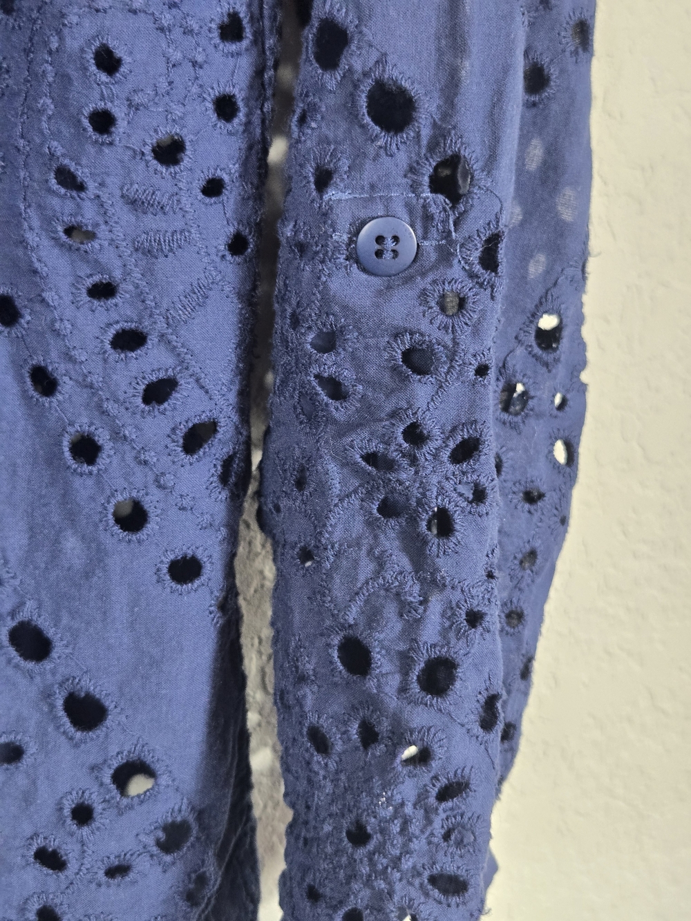 Adiva Navy Eyelet Button Down Shirt Cotton Boho Cottagecore Beach Cover Up M - Picture 5 of 13
